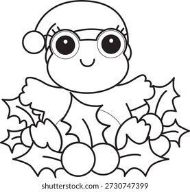 Dibujos para colorear de icono de etiqueta engomada de rana divertida linda con tema de Navidad. Esquema de rana con plantas de cereza