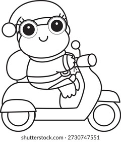 Dibujos para colorear de icono de etiqueta engomada de rana divertida linda con tema de Navidad. Esquema de la rana montando un scooter