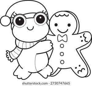 Dibujos para colorear de icono de etiqueta engomada de rana divertida linda con tema de Navidad. Esquema de rana con pan de jengibre 