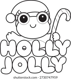 Colorir páginas de bonito engraçado ícone do adesivo de sapo com tema de Natal. Contorno de Sapo com texto holly Jolly