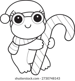 Dibujos para colorear de icono de etiqueta engomada de rana divertida linda con tema de Navidad. Esquema de la rana con caña de caramelo