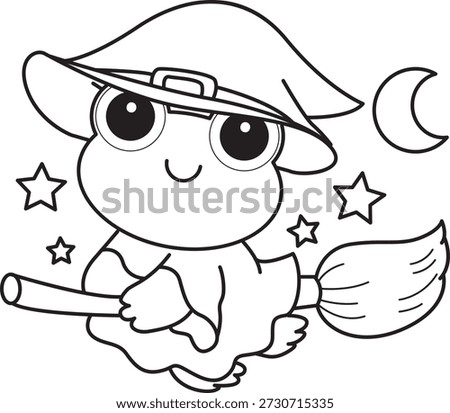 Coloring pages of Cute funny Frog sticker icon with halloween theme. Outline of Frog wearing a witch costume and flying with broom stick 