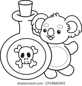 Coloring pages of Cute funny Koala sticker icon with halloween theme. Outline of Koala bring a black potion