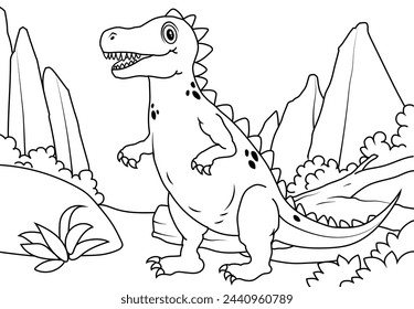 Coloring Pages Cute Giganotosaurus Dinosaur of meadows, trees, mountains and clouds. Printable Coloring book Outline black and white.