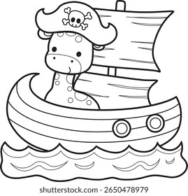 Coloring pages of Cute giraffe animals. outline of giraffe in the boat and wearing pirates hat