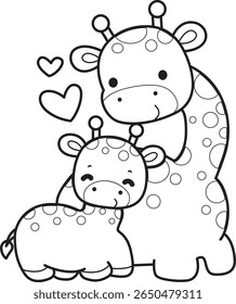 Colorir páginas de bonitos animais de girafa. contorno de mãe e bebê girafa amar juntos