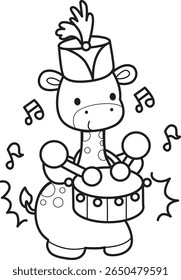 Colorir páginas de bonitos animais de girafa. contorno de girafa tocando um tambor no carnaval