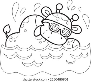 Coloring pages of Cute giraffe animals. outline of giraffe swimming in the pool