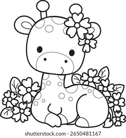 Colorir páginas de bonitos animais de girafa. contorno de girafa no meio de flores