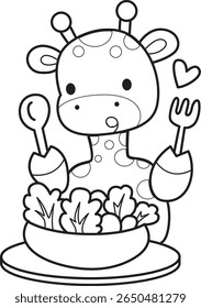 Coloring pages of Cute giraffe animals. outline of giraffe want to eating salad
