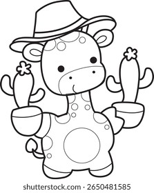 Páginas de coloração de bonitos animais de girafa. contorno de girafa trazer um dois cactos
