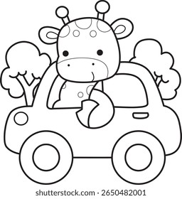 Colorir páginas de bonitos animais de girafa. contorno de girafa andando de carro