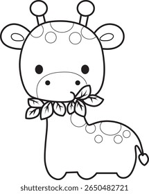 Colorir páginas de bonitos animais de girafa. contorno de girafa comendo uma folha
