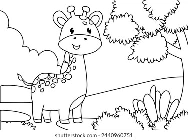 Coloring Pages of Cute Giraffe with a backdrop of grasslands, mountains and trees.