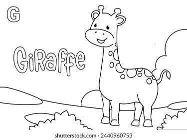 Coloring Pages of Cute Giraffe with a backdrop of grasslands, mountains and trees. Printable Coloring book Outline black and white.