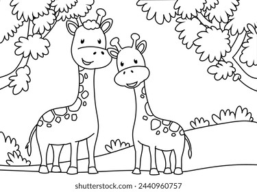 Coloring Pages of Cute Giraffe with a backdrop of grasslands, mountains and trees.