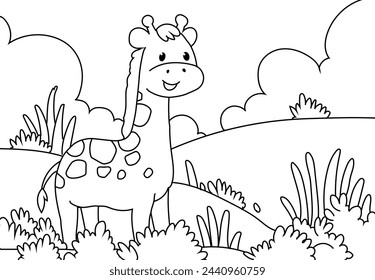 Coloring Pages of Cute Giraffe with a backdrop of grasslands, mountains and trees.