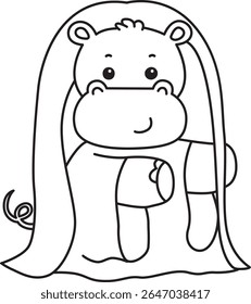 Colorindo páginas de ícone bonito hipopótamo. Contorno da ilustração de estoque de série de animais engraçados de bebê hipopótamo. contorno de Hipopótamo vestindo um traje de cabelo longo