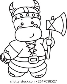 Colorindo páginas de ícone bonito hipopótamo. Contorno da ilustração de estoque da série animada engraçada do bebê hipopótamo. contorno de Hipopótamo vestindo um traje viking