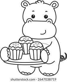 Colorindo páginas de ícone bonito hipopótamo. Contorno da ilustração de estoque da série de animais engraçados de bebê hipopótamo. contorno de Hipopótamo trazer três de cupcakes 