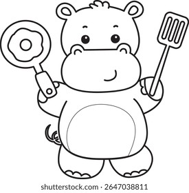 Coloring pages of Cute hippo icon. Outline of Funny baby hippo animal series stock illustration. outline of Hippo want to cooking eggs