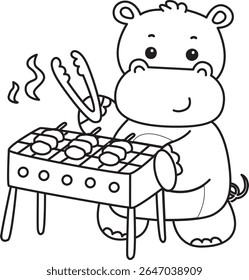 Coloring pages of Cute hippo icon. Outline of Funny baby hippo animal series stock illustration. outline of Hippo grilled the barbecue