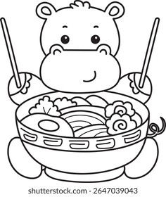 Coloring pages of Cute hippo icon. Outline of Funny baby hippo animal series stock illustration. outline of Hippo want to eating noodles