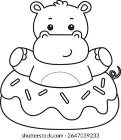 Colorindo páginas de ícone bonito hipopótamo. Contorno de engraçada bebê hipopótamo série animal ilustração de estoque. contorno de hipopótamo preso na rosquinha