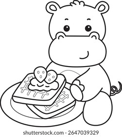 Coloring pages of Cute hippo icon. Outline of Funny baby hippo animal series stock illustration. outline of Hippo bring a strawberry bread