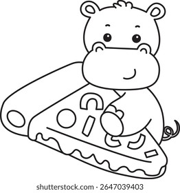 Colorindo páginas de ícone bonito hipopótamo. Contorno de bebê engraçado hipopótamo série animal ilustração de estoque. contorno de hipopótamo trazer uma grande pizza