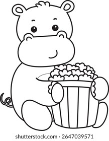 Colorindo páginas de ícone bonito hipopótamo. Contorno da ilustração de estoque de série de animais engraçados de bebê hippo. contorno de Hippo trazer uma pipoca