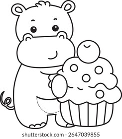Colorindo páginas de ícone bonito hipopótamo. Contorno de engraçada bebê hipopótamo série animal ilustração de estoque. contorno de hipopótamo trazer um cupcake cremoso