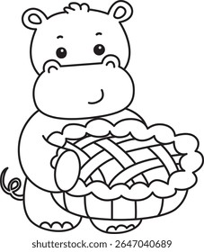 Coloring pages of Cute hippo icon. Outline of Funny baby hippo animal series stock illustration. outline of Hippo bring a pie cherry