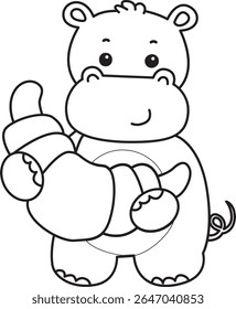 Colorindo páginas de ícone bonito hipopótamo. Contorno de bebê engraçado hipopótamo animal série ilustração stock. contorno de hipopótamo trazer um pão