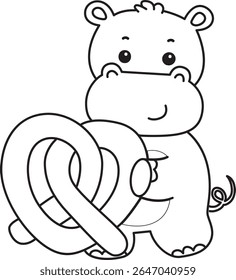 Colorindo páginas de ícone bonito hipopótamo. Contorno de engraçado bebê hipopótamo série animal ilustração stock. contorno de hipopótamo trazer um waffle