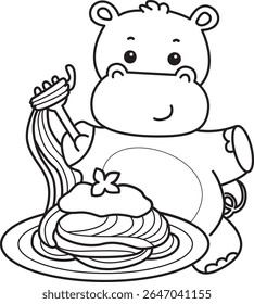 Coloring pages of Cute hippo icon. Outline of Funny baby hippo animal series stock illustration. outline of Hippo want to eating spaghetti