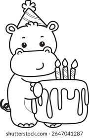 Colorindo páginas de ícone bonito hipopótamo. Contorno de Engraçado bebê hipopótamo série animal ilustração stock. contorno de Hipopótamo trazer um bolo de aniversário