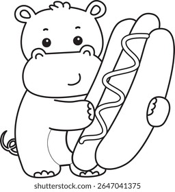 Coloring pages of Cute hippo icon. Outline of Funny baby hippo animal series stock illustration. outline of Hippo bring a hot dog