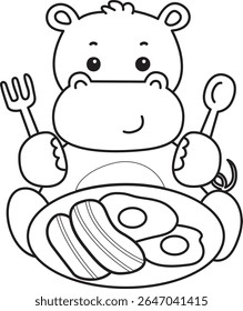 Coloring pages of Cute hippo icon. Outline of Funny baby hippo animal series stock illustration. outline of Hippo want to eating bacon and eggs