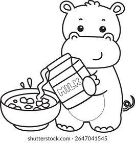 Coloring pages of Cute hippo icon. Outline of Funny baby hippo animal series stock illustration. outline of Hippo pouring a milk into cereal bowl