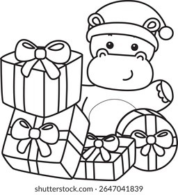Coloring pages of Cute hippo icon. Outline of Funny baby hippo animal series stock illustration. outline of Hippo bring a lot of gift box