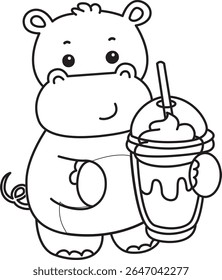 Colorindo páginas de ícone bonito hipopótamo. Contorno de bebê engraçado hipopótamo série animal ilustração de estoque. contorno de hipopótamo trazer um milkshake