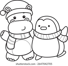 Coloring pages of Cute hippo icon. Outline of Funny baby hippo animal series stock illustration. outline of Hippo with penguin 