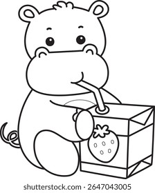 Colorindo páginas de ícone bonito hipopótamo. Contorno de bebê engraçado hipopótamo série animal ilustração stock. contorno de Hipopótamo bebendo um leite de morango