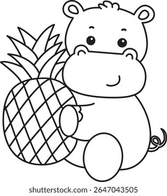 Coloring pages of Cute hippo icon. Outline of Funny baby hippo animal series stock illustration. outline of Hippo hugging a pineapple 