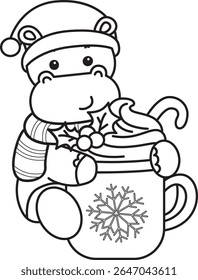 Coloring pages of Cute hippo icon. Outline of Funny baby hippo animal series stock illustration. outline of Santa Hippo bring a hot chocolate
