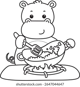 Colorindo páginas de ícone bonito hipopótamo. Contorno de bebê engraçado hipopótamo série animal ilustração stock. contorno de Hipopótamo cozinhar um arroz frito
