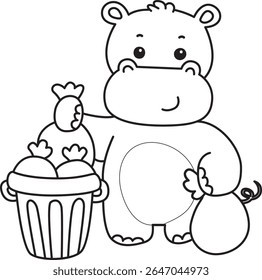 Coloring pages of Cute hippo icon. Outline of Funny baby hippo animal series stock illustration. outline of Hippo throw the garbage into its place