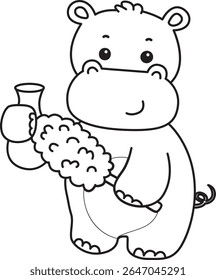 Colorindo páginas de ícone bonito hipopótamo. Contorno de engraçada série de animais de bebê hipopótamo ilustração de estoque. contorno de hipopótamo limpando o vaso com polvilho de penas