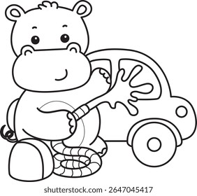 Colorindo páginas de ícone bonito hipopótamo. Contorno de bebê engraçado hipopótamo série animal ilustração de estoque. contorno de hipopótamo lavar um carro